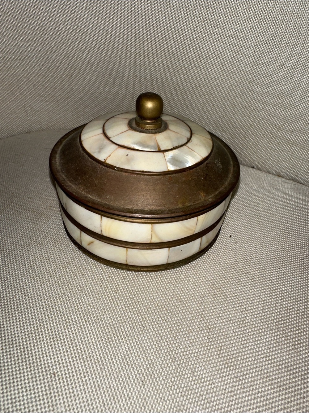 Vintage Brass and White Inlay Round Trinket Box mother of pearl